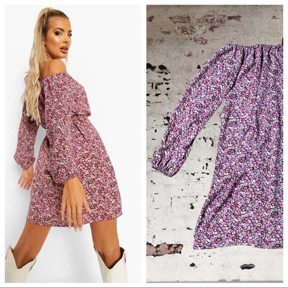 NEW BooHoo floral print off shoulder shift dress - Picture 1 of 7